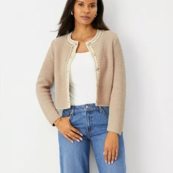 ANN TAYLOR CROTCHET TRIM TAN GOLD BUTTON SWEATER JACKET NWOT $169 L - Picture 2 of 12